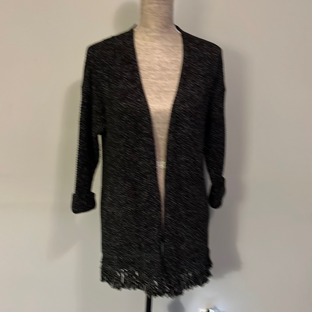 Madewell Size XXS Black & White 100% Cotton Cardigan Sweater W Fringe